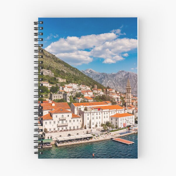 Item preview, View of the historic town of Perast at famous Bay of Kotor on a beautiful sunny day with blue sky and clouds in summer, Montenegro. Historic city of Perast at Bay of Kotor in summer, Montenegro. designed and sold by Framed Horizons.