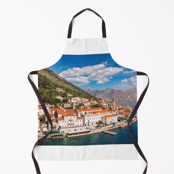 Item preview, View of the historic town of Perast at famous Bay of Kotor on a beautiful sunny day with blue sky and clouds in summer, Montenegro. Historic city of Perast at Bay of Kotor in summer, Montenegro. designed and sold by Framed Horizons.