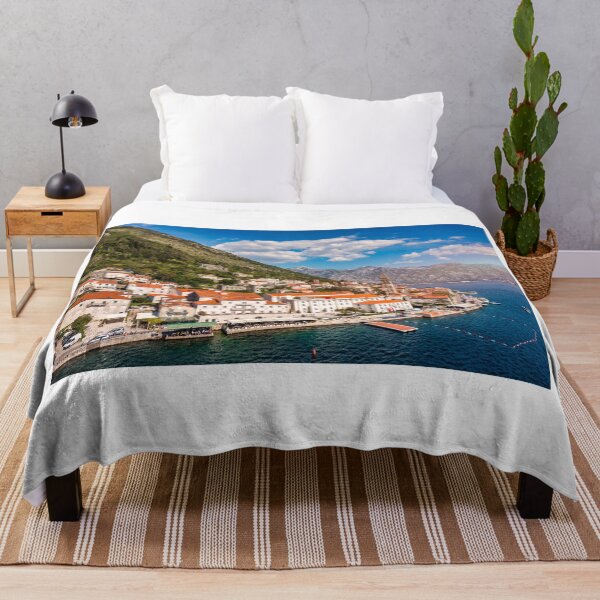 Item preview, View of the historic town of Perast at famous Bay of Kotor on a beautiful sunny day with blue sky and clouds in summer, Montenegro. Historic city of Perast at Bay of Kotor in summer, Montenegro. designed and sold by Framed Horizons.