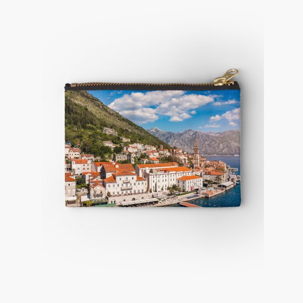 Item preview, View of the historic town of Perast at famous Bay of Kotor on a beautiful sunny day with blue sky and clouds in summer, Montenegro. Historic city of Perast at Bay of Kotor in summer, Montenegro. designed and sold by Framed Horizons.