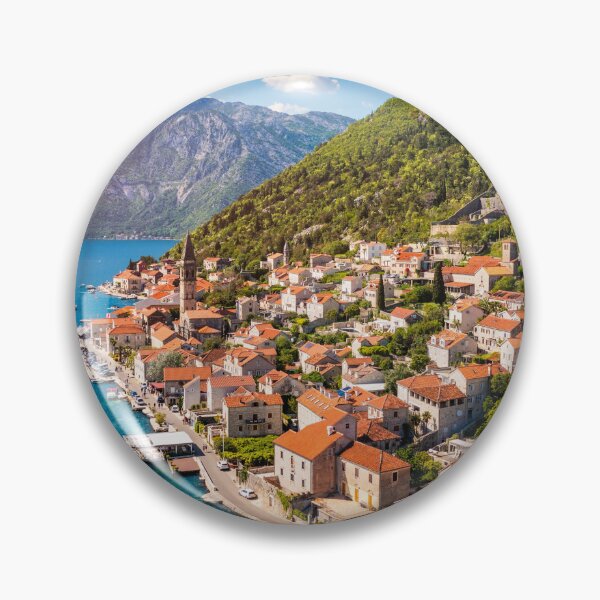 Item preview, View of the historic town of Perast at famous Bay of Kotor on a beautiful sunny day with blue sky and clouds in summer, Montenegro. Historic city of Perast at Bay of Kotor in summer, Montenegro. designed and sold by Framed Horizons.