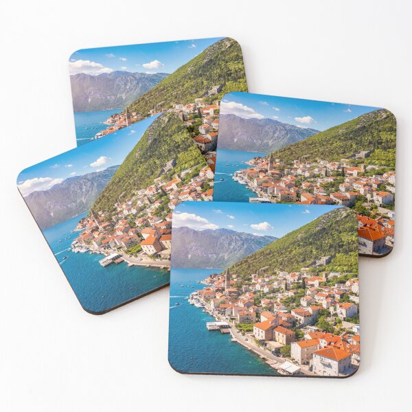 Item preview, View of the historic town of Perast at famous Bay of Kotor on a beautiful sunny day with blue sky and clouds in summer, Montenegro. Historic city of Perast at Bay of Kotor in summer, Montenegro. designed and sold by Framed Horizons.