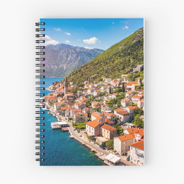 Item preview, View of the historic town of Perast at famous Bay of Kotor on a beautiful sunny day with blue sky and clouds in summer, Montenegro. Historic city of Perast at Bay of Kotor in summer, Montenegro. designed and sold by Framed Horizons.