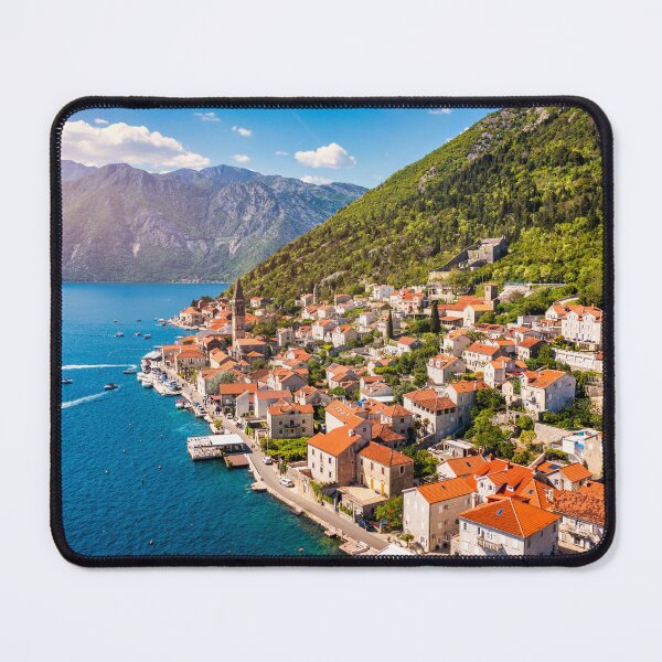 Item preview, View of the historic town of Perast at famous Bay of Kotor on a beautiful sunny day with blue sky and clouds in summer, Montenegro. Historic city of Perast at Bay of Kotor in summer, Montenegro. designed and sold by Framed Horizons.