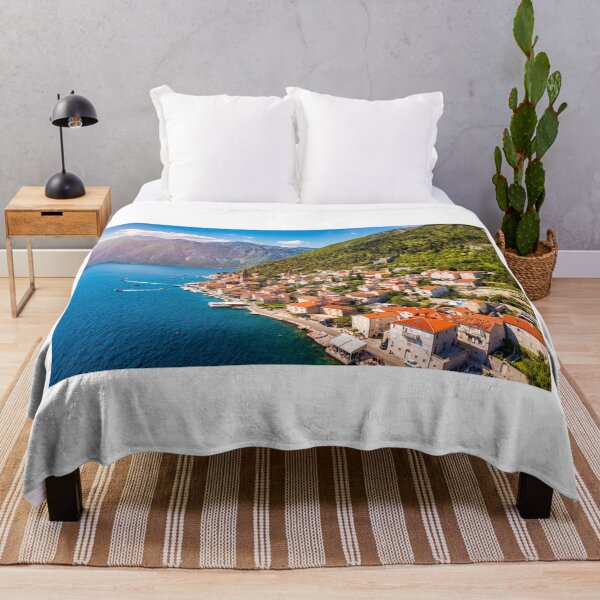 Item preview, View of the historic town of Perast at famous Bay of Kotor on a beautiful sunny day with blue sky and clouds in summer, Montenegro. Historic city of Perast at Bay of Kotor in summer, Montenegro. designed and sold by Framed Horizons.