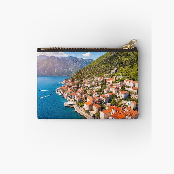 Item preview, View of the historic town of Perast at famous Bay of Kotor on a beautiful sunny day with blue sky and clouds in summer, Montenegro. Historic city of Perast at Bay of Kotor in summer, Montenegro. designed and sold by Framed Horizons.