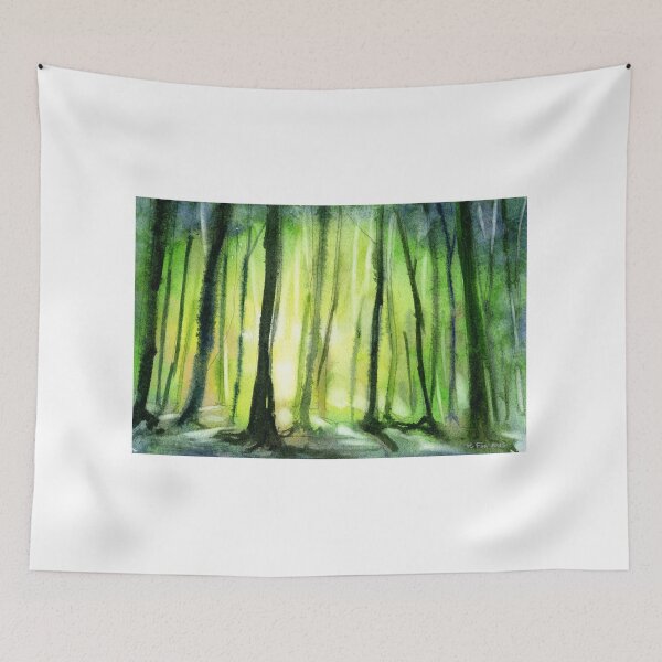 Item preview, Trees in forest silhouetted at sunset.  Watercolor painting of trees.  Green art forest painting designed and sold by rfoxphoto.