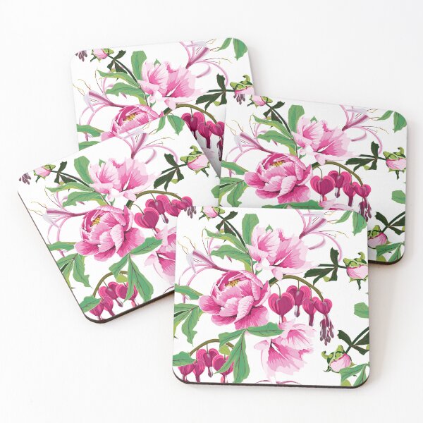 Item preview, Illustration bleeding heart (Dicentra spectabilis), peony, lilies pink flowers background. designed and sold by MatyKotiv.