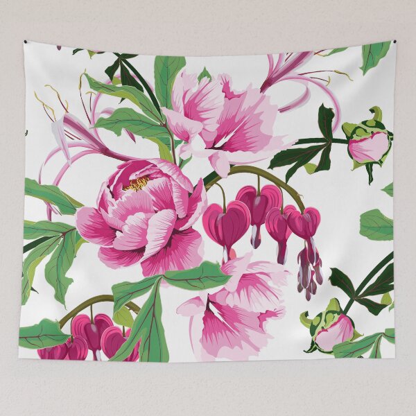 Item preview, Illustration bleeding heart (Dicentra spectabilis), peony, lilies pink flowers background. designed and sold by MatyKotiv.