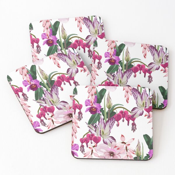 Item preview, Illustration bleeding heart (Dicentra spectabilis), orchids and tulips exotic tropical background. designed and sold by MatyKotiv.