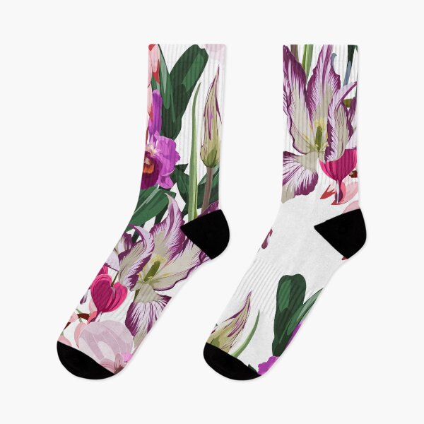 Item preview, Illustration bleeding heart (Dicentra spectabilis), orchids and tulips exotic tropical background. designed and sold by MatyKotiv.