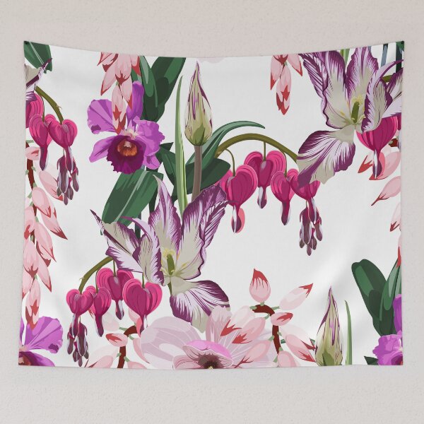 Item preview, Illustration bleeding heart (Dicentra spectabilis), orchids and tulips exotic tropical background. designed and sold by MatyKotiv.