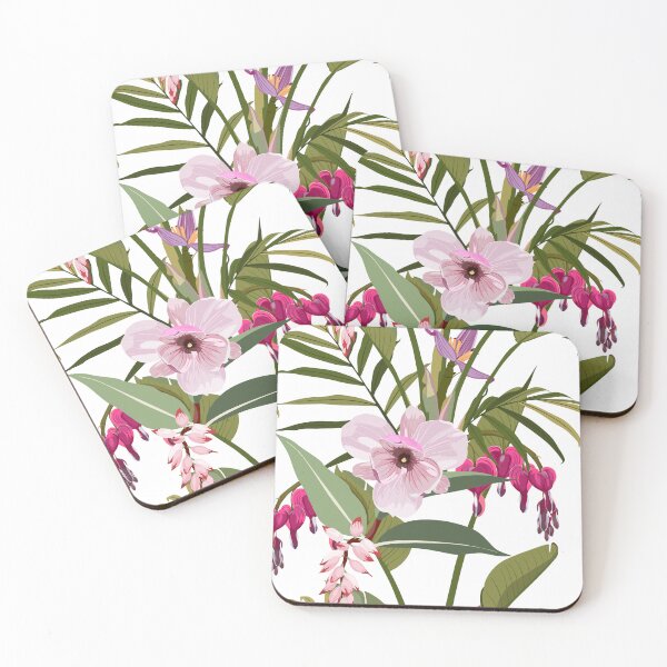 Item preview, Illustration bleeding heart (Dicentra spectabilis), bananas flower, exotic tropical palm leavs background. designed and sold by MatyKotiv.