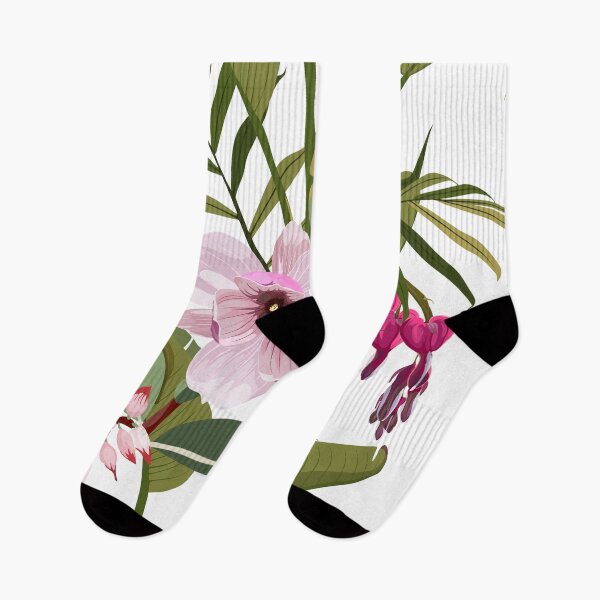 Item preview, Illustration bleeding heart (Dicentra spectabilis), bananas flower, exotic tropical palm leavs background. designed and sold by MatyKotiv.