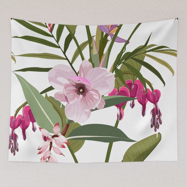 Item preview, Illustration bleeding heart (Dicentra spectabilis), bananas flower, exotic tropical palm leavs background. designed and sold by MatyKotiv.