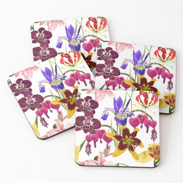Item preview, Illustration bleeding heart (Dicentra spectabilis), irys, lilies, orchids flowers background. designed and sold by MatyKotiv.