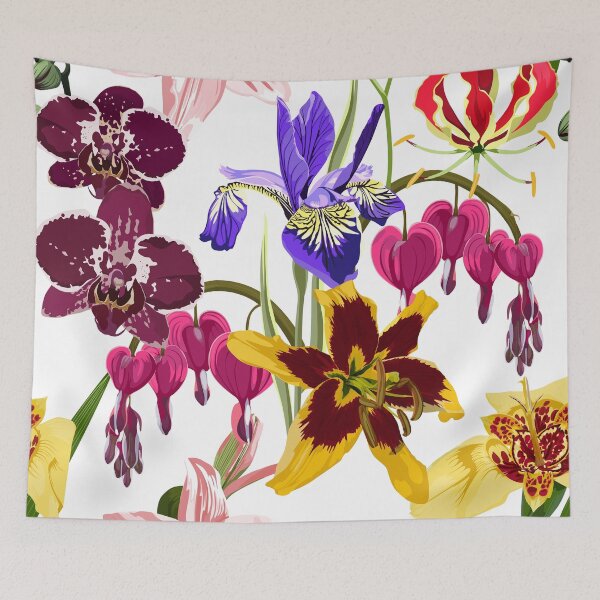 Item preview, Illustration bleeding heart (Dicentra spectabilis), irys, lilies, orchids flowers background. designed and sold by MatyKotiv.