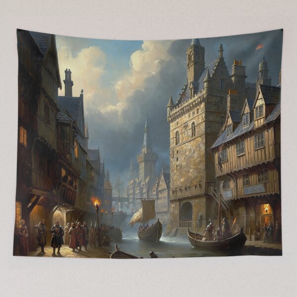 Item preview, Medieval city streets painting art designed and sold by Vintage Designs +.