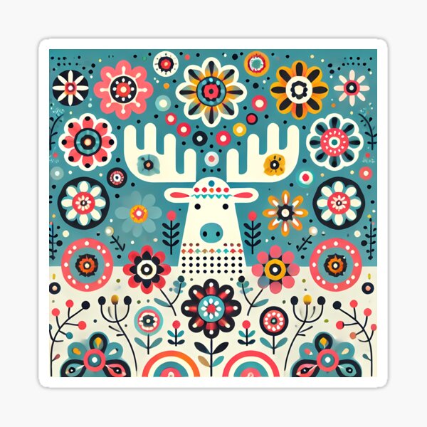 Artikel-Vorschau von Skandinavischer Volkskunst-Elch – Geweih in einem floralen Schneefall von heidiannemorris, designt und verkauft von FOLK ART FUSION by heidiannemorris.