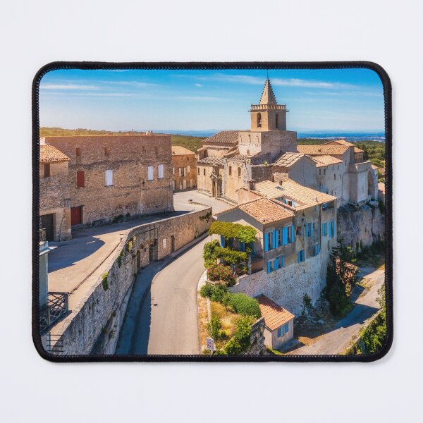 Item preview, View of Venasque village with old church Notre Dame de Vie to landscape of Luberons, Provence, France. Beautiful Church and houses in the town of Venasque, Provence, France. designed and sold by Framed Horizons.
