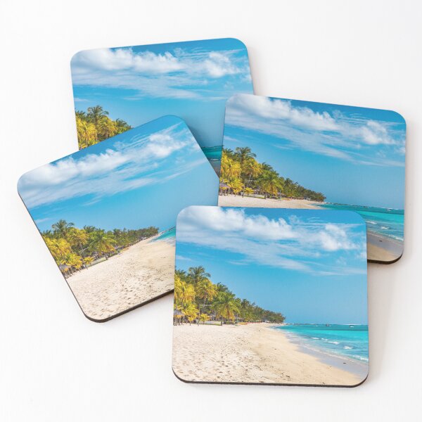 Item preview, A beach with palm trees and umbrellas on Le morne Brabant beach in Mauriutius. Tropical crystal ocean with Le Morne beach and luxury beach in Mauritius.  designed and sold by Framed Horizons.