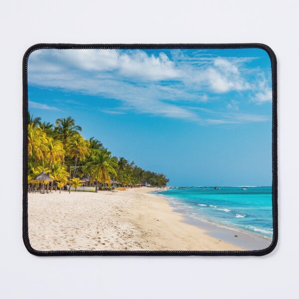 Item preview, A beach with palm trees and umbrellas on Le morne Brabant beach in Mauriutius. Tropical crystal ocean with Le Morne beach and luxury beach in Mauritius. designed and sold by Framed Horizons.