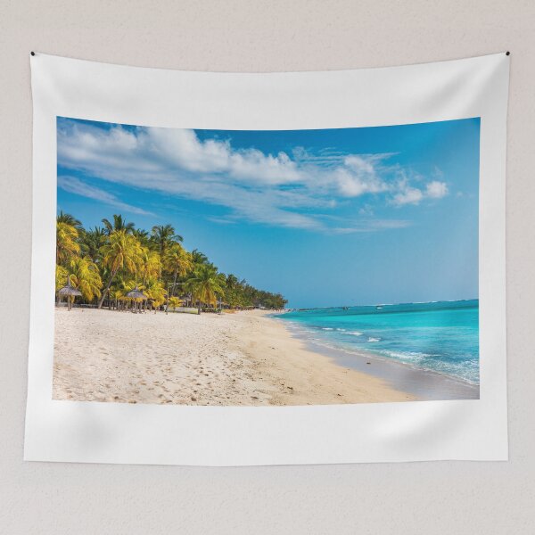 Item preview, A beach with palm trees and umbrellas on Le morne Brabant beach in Mauriutius. Tropical crystal ocean with Le Morne beach and luxury beach in Mauritius.  designed and sold by Framed Horizons.
