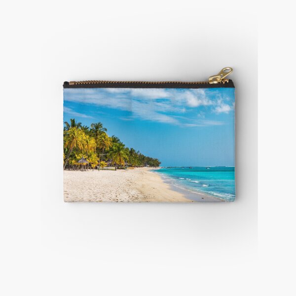 Item preview, A beach with palm trees and umbrellas on Le morne Brabant beach in Mauriutius. Tropical crystal ocean with Le Morne beach and luxury beach in Mauritius.  designed and sold by Framed Horizons.