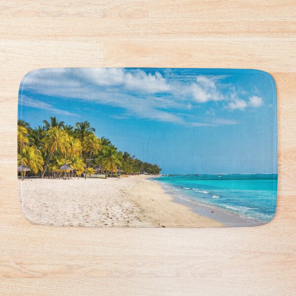 Item preview, A beach with palm trees and umbrellas on Le morne Brabant beach in Mauriutius. Tropical crystal ocean with Le Morne beach and luxury beach in Mauritius.  designed and sold by Framed Horizons.
