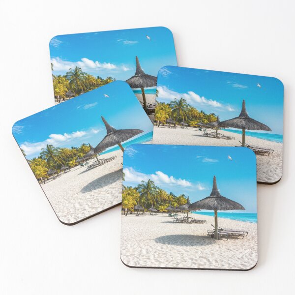 Item preview, Beach with palm trees and umbrellas on Le morne beach in Mauriutius. Luxury tropical beach and Le Morne mountain in Mauritius. Le Morne beach with palm trees, white sand and luxury resorts, Mauritius designed and sold by Framed Horizons.