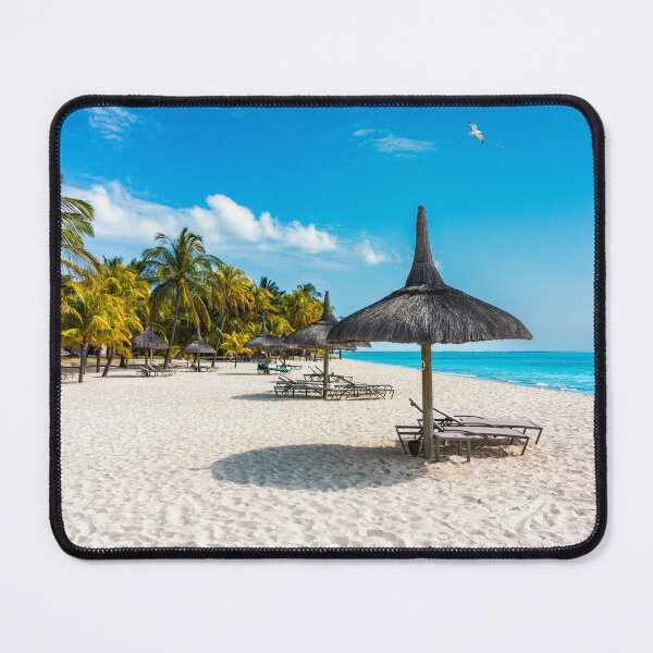 Item preview, Beach with palm trees and umbrellas on Le morne beach in Mauriutius. Luxury tropical beach and Le Morne mountain in Mauritius. Le Morne beach with palm trees, white sand and luxury resorts, Mauritius designed and sold by Framed Horizons.