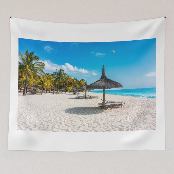 Item preview, Beach with palm trees and umbrellas on Le morne beach in Mauriutius. Luxury tropical beach and Le Morne mountain in Mauritius. Le Morne beach with palm trees, white sand and luxury resorts, Mauritius designed and sold by Framed Horizons.