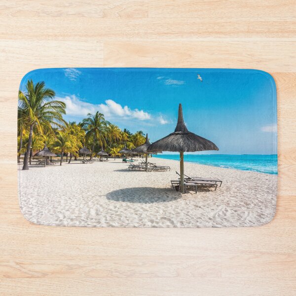 Item preview, Beach with palm trees and umbrellas on Le morne beach in Mauriutius. Luxury tropical beach and Le Morne mountain in Mauritius. Le Morne beach with palm trees, white sand and luxury resorts, Mauritius designed and sold by Framed Horizons.