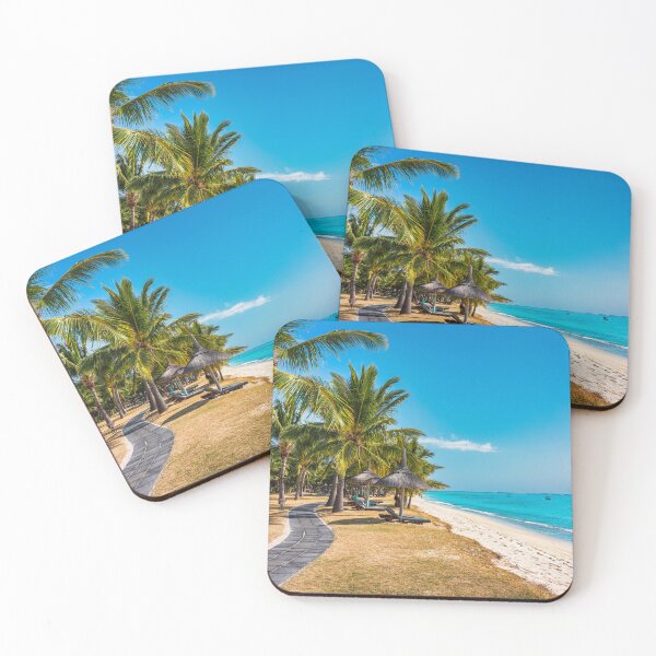 Item preview, Paradise beach resort with palm trees and and tropical sea in Mauritius island. Summer vacation and tropical beach concept. Sandy beach with Le Morne beach on Mauritius island. Tropical landscape. designed and sold by Framed Horizons.