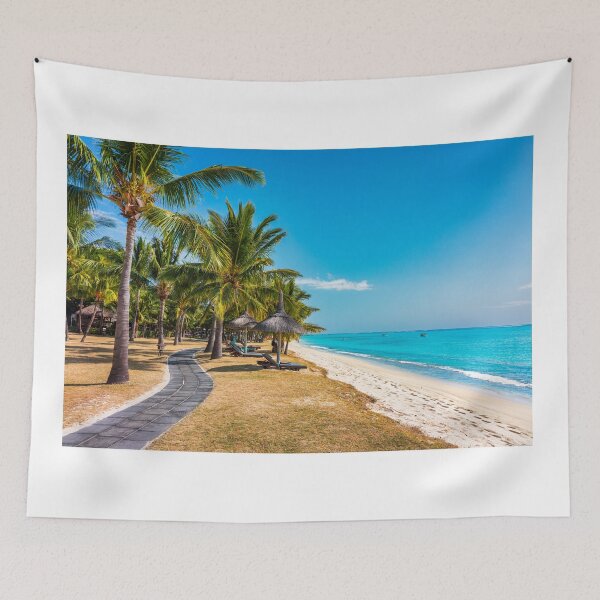 Item preview, Paradise beach resort with palm trees and and tropical sea in Mauritius island. Summer vacation and tropical beach concept. Sandy beach with Le Morne beach on Mauritius island. Tropical landscape. designed and sold by Framed Horizons.