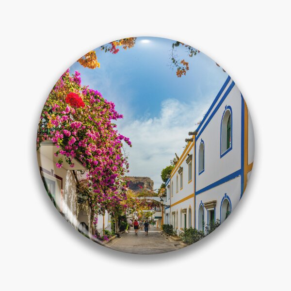 Item preview, Street with blooming flowers in Puerto de Mogan, Gran Canaria, Spain. Favorite vacation place for tourists and locals on island. Puerto de Mogan with lots of bougainvillea flowers, Canary Island. designed and sold by Framed Horizons.