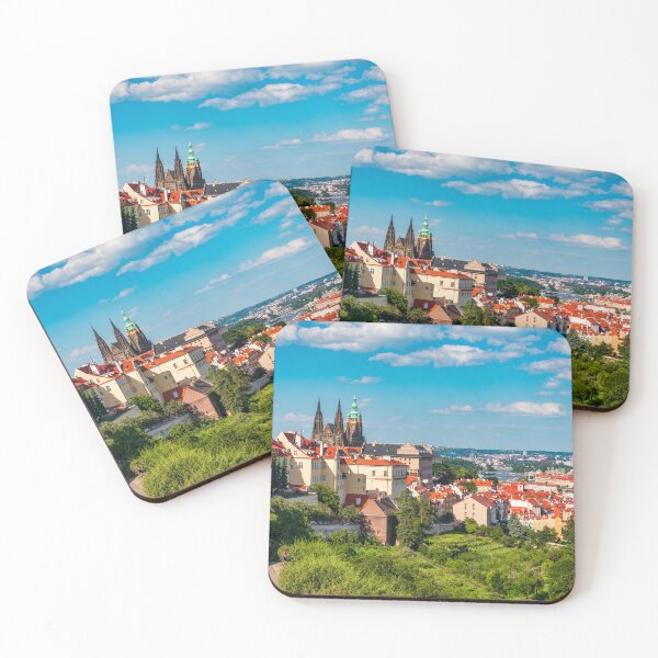 Item preview, View of Prague featuring historic castle and vibrant rooftops on a sunny day in summer. Aerial view of Prague, Charles Bridge over Vltava river in Prague, Czechia. Old Town of Prague, Czech Republic. designed and sold by Framed Horizons.