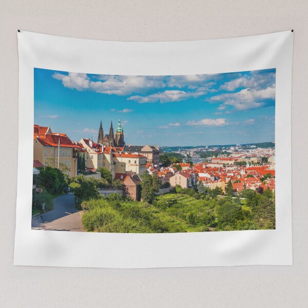 Item preview, View of Prague featuring historic castle and vibrant rooftops on a sunny day in summer. Aerial view of Prague, Charles Bridge over Vltava river in Prague, Czechia. Old Town of Prague, Czech Republic. designed and sold by Framed Horizons.