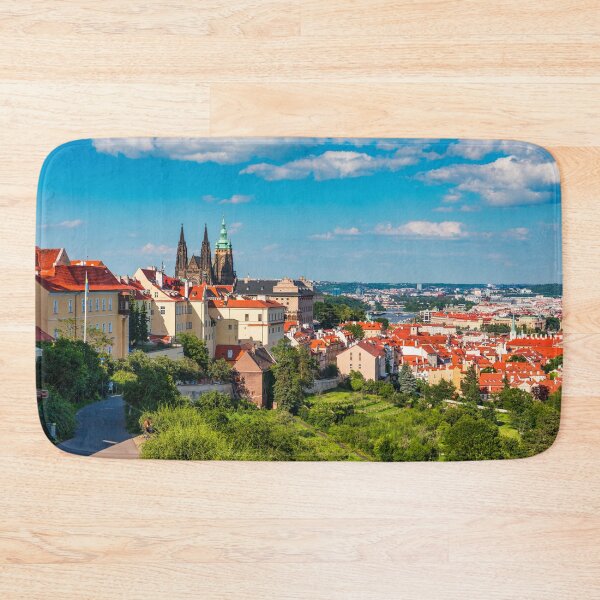 Item preview, View of Prague featuring historic castle and vibrant rooftops on a sunny day in summer. Aerial view of Prague, Charles Bridge over Vltava river in Prague, Czechia. Old Town of Prague, Czech Republic. designed and sold by Framed Horizons.