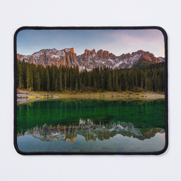 Item preview, Carezza lake (Lago di Carezza, Karersee) with Mount Latemar, Bolzano province, South tyrol, Italy. Landscape of Lake Carezza or Karersee and Dolomites in background, Nova Levante, Bolzano, Italy. designed and sold by Framed Horizons.