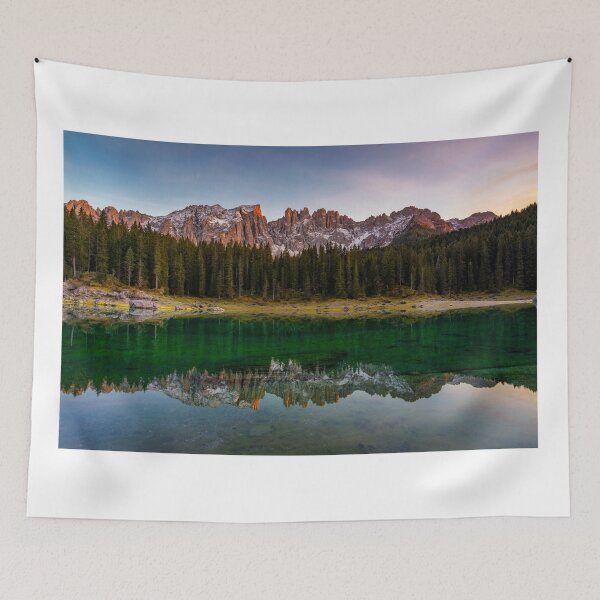 Item preview, Carezza lake (Lago di Carezza, Karersee) with Mount Latemar, Bolzano province, South tyrol, Italy. Landscape of Lake Carezza or Karersee and Dolomites in background, Nova Levante, Bolzano, Italy. designed and sold by Framed Horizons.
