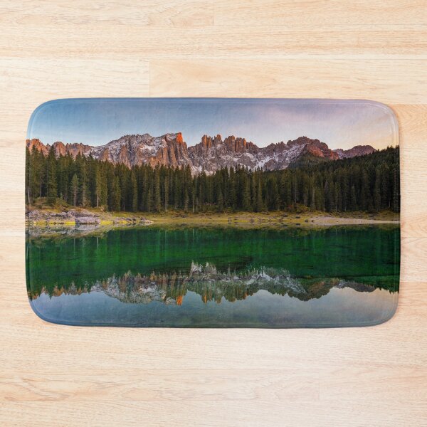 Item preview, Carezza lake (Lago di Carezza, Karersee) with Mount Latemar, Bolzano province, South tyrol, Italy. Landscape of Lake Carezza or Karersee and Dolomites in background, Nova Levante, Bolzano, Italy. designed and sold by Framed Horizons.