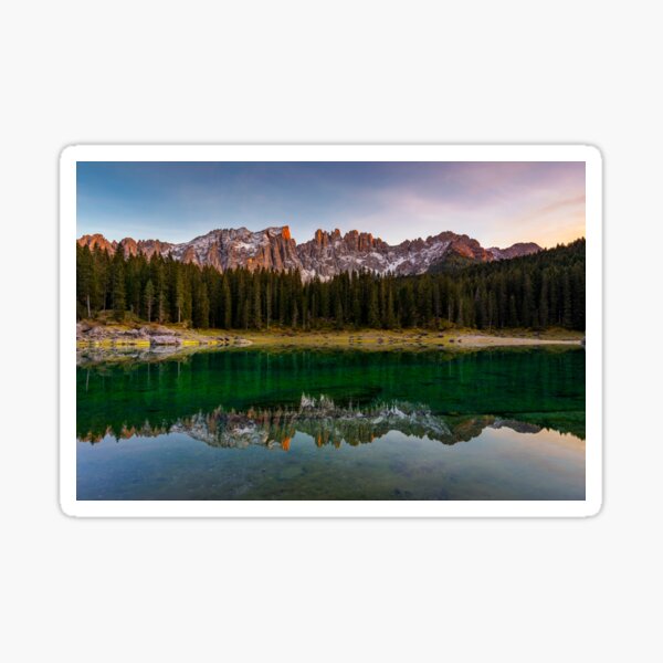 Item preview, Carezza lake (Lago di Carezza, Karersee) with Mount Latemar, Bolzano province, South tyrol, Italy. Landscape of Lake Carezza or Karersee and Dolomites in background, Nova Levante, Bolzano, Italy. designed and sold by Framed Horizons.