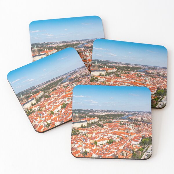 Item preview, Panoramic view of Prague featuring historic buildings and vibrant rooftops on a sunny day in summer. View of Prague, Czech Republic, showcasing Prague iconic architecture and red-tiled roofs, Czechia designed and sold by Framed Horizons.