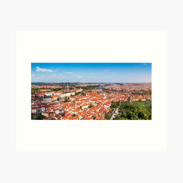 Item preview, Panoramic view of Prague featuring historic buildings and vibrant rooftops on a sunny day in summer. View of Prague, Czech Republic, showcasing Prague iconic architecture and red-tiled roofs, Czechia designed and sold by Framed Horizons.