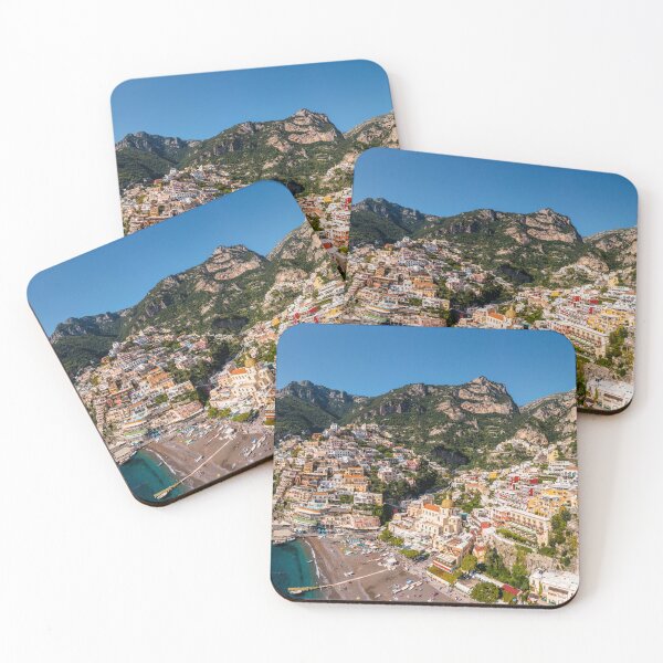 Item preview, Aerial view of Positano with comfortable beach and blue sea on Amalfi Coast in Campania, Italy. Positano village on the Amalfi Coast, Salerno, Campania. Beautiful Positano, Amalfi Coast in Campania. designed and sold by Framed Horizons.