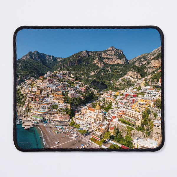 Item preview, Aerial view of Positano with comfortable beach and blue sea on Amalfi Coast in Campania, Italy. Positano village on the Amalfi Coast, Salerno, Campania. Beautiful Positano, Amalfi Coast in Campania. designed and sold by Framed Horizons.