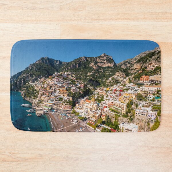Item preview, Aerial view of Positano with comfortable beach and blue sea on Amalfi Coast in Campania, Italy. Positano village on the Amalfi Coast, Salerno, Campania. Beautiful Positano, Amalfi Coast in Campania. designed and sold by Framed Horizons.