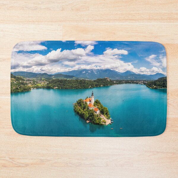 Item preview, Lake Bled in Slovenia. Beautiful mountains and Bled lake with small Pilgrimage Church. Bled lake and island with Pilgrimage Church of the Assumption of Maria. Bled, Slovenia, Europe. designed and sold by Framed Horizons.