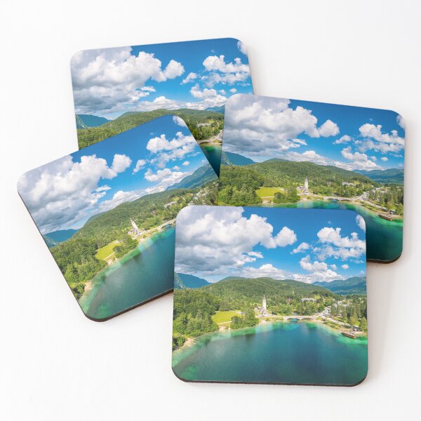 Item preview, Aerial view of Bohinj lake in Julian Alps. Popular touristic destination in Slovenia. Bohinj Lake, Church of St John the Baptist. Triglav National Park, Julian Alps, Slovenia.  designed and sold by Framed Horizons.